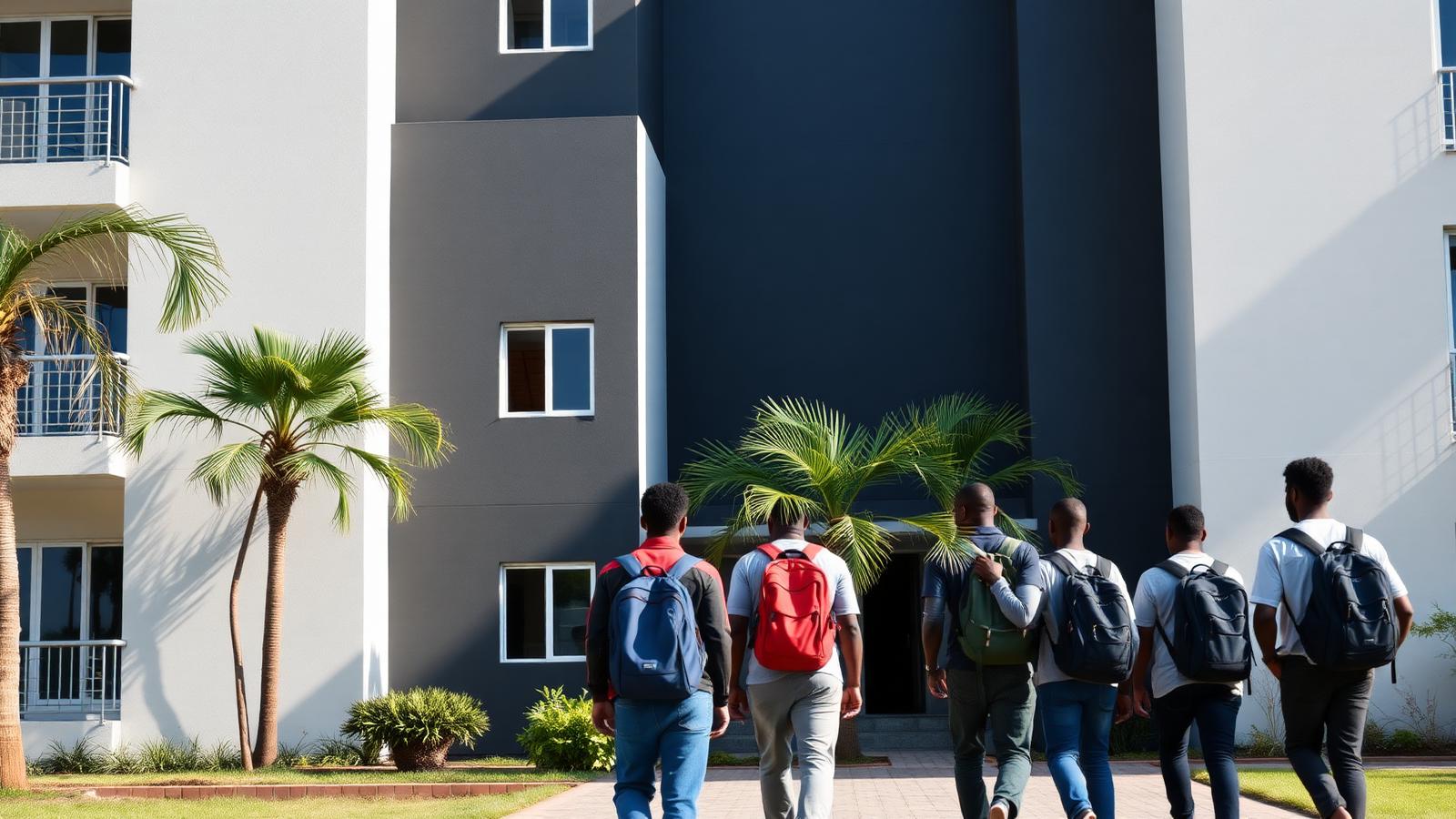 Students walking into a modern off-campus student residence